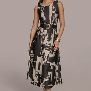 Donna Karan Abstract A-Line Midi Dress Black Belted Sleeveless Size 14